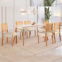Conjunto Sala de Jantar Mesa Mad 160cm com 6 Cadeiras Versales estrutura em madeira Maciça e Tampo MDF/Vidro