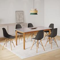 Conjunto Sala de Jantar Mesa Madeira Maciça Tampo Vidro e 6 Cadeiras Eames Cinamomo/Off White/Preto Yescasa