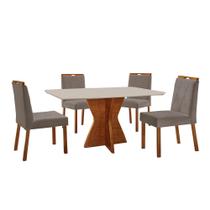 Conjunto Sala de Jantar Mesa Madri 140x80cm Tampo Retângular Vidro Off White com 4 Cadeiras Bela com Puxador Móveis Minas