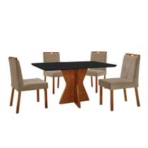 Conjunto Sala de Jantar Mesa Madri 140x80cm Tampo Retângular Vidro Preto com 4 Cadeiras Bela com Puxador Móveis Minas