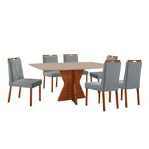 Conjunto Sala de Jantar Mesa Madri 160x90cm Tampo Retângular Vidro Off White com 6 Cadeiras Bela com Puxador Móveis Minas