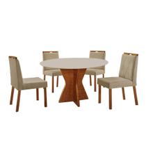 Conjunto Sala de Jantar Mesa Madri Madeira Maciça 110cm Tampo Redondo Vidro Off White com 4 Cadeiras Bela com Puxador Móveis Minas