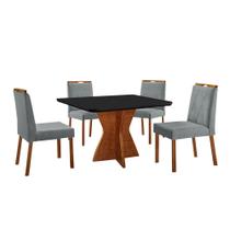 Conjunto Sala de Jantar Mesa Madri Madeira Maciça 90x90cm Tampo Retângular Vidro Preto com 4 Cadeiras Bela com Puxador Móveis Minas