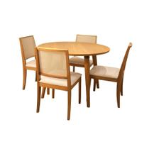 Conjunto Sala de Jantar Mesa Milão 110cm Redonda Tampo Madeira 4 cadeiras Bari Tela Sintética Madeira Maciça Cinamomo