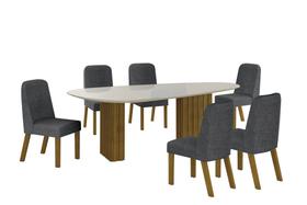 Conjunto Sala de Jantar Mesa Orgânica Com Vidro 200cm com 6 Cadeiras Pé Madeira Isis