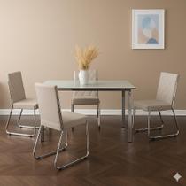 Conjunto Sala de Jantar Mesa Ortenia Tampo Vidro com 4 Cadeiras Dinah Bege/Cromado/Off White Conjunto Sala de Jantar Mesa Ortenia Tampo Vidro com 4 Cadeiras Dinah Bege/Cromado/Off White