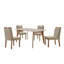 Conjunto Sala de Jantar Mesa Paris Madeira Maciça 140x80cm Tampo Retangular Vidro Off White com 4 Cadeiras Ágata com Puxador Móveis Minas