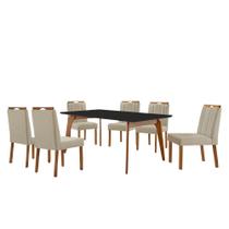 Conjunto Sala de Jantar Mesa Paris Madeira Maciça 160x90cm Tampo Retângular Vidro Preto com 6 Cadeiras Ágata com Puxador Móveis Minas