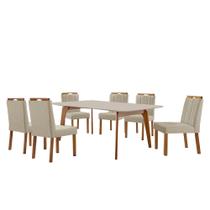 Conjunto Sala de Jantar Mesa Paris Madeira Maciça 180x90cm Tampo Retângular Vidro Off White com 6 Cadeiras Ágata com Puxador Móveis Minas