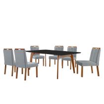 Conjunto Sala de Jantar Mesa Paris Madeira Maciça 180x90cm Tampo Retângular Vidro Preto com 6 Cadeiras Ágata com Puxador Móveis Minas