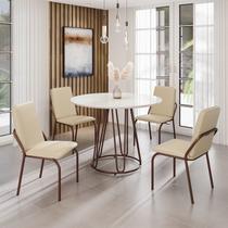Conjunto Sala de Jantar Mesa Redonda 100cm Base Omega Tampo MDF Laca com Vidro Malibu Marrom/Creme Conjunto Sala de Jantar Mesa Redonda 100cm Base Omega Tampo MDF Laca com Vidro Malibu Marrom/Creme