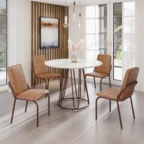 Conjunto Sala de Jantar Mesa Redonda 100cm Base Omega Tampo MDF Laca com Vidro Malibu Marrom