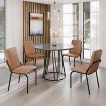 Conjunto Sala de Jantar Mesa Redonda 100cm Base Omega Tampo MDF Laca com Vidro Malibu Preto/Marrom