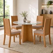 Conjunto Sala de Jantar Mesa Redonda 4 Cadeiras Vidro MDF Celebrare Amêndoa Clean/Off White/Veludo Creme