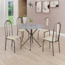 Conjunto Sala de Jantar Mesa Redonda 75cm Tampo Granito Ocre 4 Cadeiras Linda Yescasa Prata/Creme
