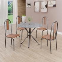 Conjunto Sala de Jantar Mesa Redonda 75cm Tampo Granito Ocre 4 Cadeiras Linda Yescasa Prata/Marrom