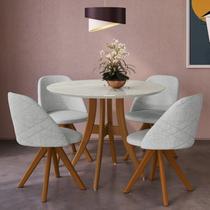 Conjunto Sala de Jantar Mesa Redonda com Tampo em MDF com Vidro Fendi, Pés Madeira Maciça 4 Cadeiras Bege/Imbuia/Cinza Claro Conjunto Sala de Jantar Mesa Redonda com Tampo em MDF com Vidro Fendi, Pés Madeira Maciça 4 Cadeiras Bege/Imbuia/Cinza Claro