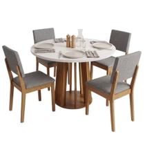 Conjunto Sala de Jantar Mesa Redonda Veneza 4 Lugares Tampo MDF Brilhante Madeirado e Cinza 0,90M Conjunto Sala de Jantar Mesa Redonda Veneza 4 Lugares Tampo MDF Brilhante Madeirado e Cinza 0,90M
