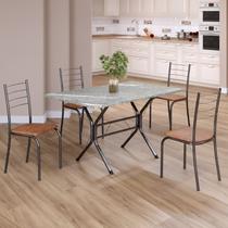 Conjunto Sala de Jantar Mesa Retangular 100x60cm Tampo Granito Topázio 4 Cadeiras Rio Prata/C. Marrom/Mart