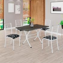 Conjunto Sala de Jantar Mesa Retangular 100x60cm Tampo Pedra Ardósia Indiana 4 Cadeiras Paraty Branco/Preto Floral