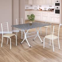 Conjunto Sala de Jantar Mesa Retangular 120x75cm Tampo Granito Ocre 4 Cadeiras Rio Branco/Creme