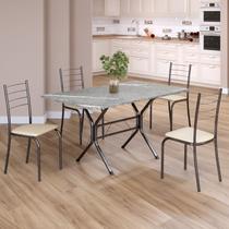 Conjunto Sala de Jantar Mesa Retangular 120x75cm Tampo Granito Topázio 4 Cadeiras Rio Prata/Creme/Mart