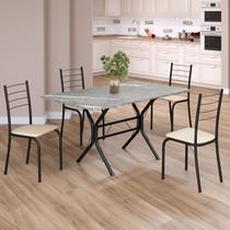 Conjunto Sala de Jantar Mesa Retangular 120x75cm Tampo Granito Topázio 4 Cadeiras Rio Preto/Creme/Fosco