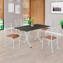 Conjunto Sala de Jantar Mesa Retangular 120x75cm Tampo Pedra Ardósia Indiana 4 Cadeiras Paraty Branco/C. Marrom Conjunto Sala de Jantar Mesa Retangular 120x75cm Tampo Pedra Ardósia Indiana 4 Cadeiras Paraty Branco/C. Marrom