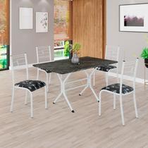 Conjunto Sala de Jantar Mesa Retangular 120x75cm Tampo Pedra Ardósia Indiana 4 Cadeiras Paraty Branco/Preto Floral Conjunto Sala de Jantar Mesa Retangular 120x75cm Tampo Pedra Ardósia Indiana 4 Cadeiras Paraty Branco/Preto Floral