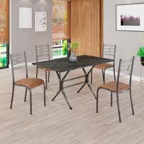 Conjunto Sala de Jantar Mesa Retangular 120x75cm Tampo Pedra Ardósia Indiana 4 Cadeiras Paraty Prata/C. Marrom/Mart Conjunto Sala de Jantar Mesa Retangular 120x75cm Tampo Pedra Ardósia Indiana 4 Cadeiras Paraty Prata/C. Marrom/Mart