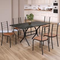 Conjunto Sala de Jantar Mesa Retangular 140x75cm Tampo Ardósia Indiana 6 Cadeiras Rio Preto/C. Marrom/Fosco Conjunto Sala de Jantar Mesa Retangular 140x75cm Tampo Ardósia Indiana 6 Cadeiras Rio Preto/C. Marrom/Fosco