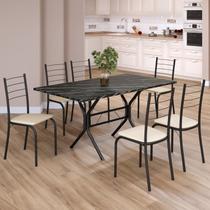 Conjunto Sala de Jantar Mesa Retangular 140x75cm Tampo Ardósia Indiana 6 Cadeiras Rio Preto/Creme/Fosco