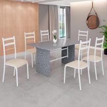 Conjunto Sala de Jantar Mesa Retangular 140x75cm Tampo Granito Ocre 6 Cadeiras Marselha Creme / Branco