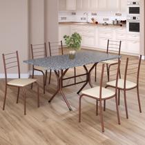 Conjunto Sala de Jantar Mesa Retangular 140x75cm Tampo Granito Ocre 6 Cadeiras Rio Marrom/Creme