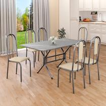 Conjunto Sala de Jantar Mesa Retangular 140x75cm Tampo Granito Topázio 6 Cadeiras Linda Yescasa Prata/Creme Conjunto Sala de Jantar Mesa Retangular 140x75cm Tampo Granito Topázio 6 Cadeiras Linda Yescasa Prata/Creme