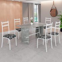 Conjunto Sala de Jantar Mesa Retangular 140x75cm Tampo Granito Topázio 6 Cadeiras Marselha Branco/Preto Floral Conjunto Sala de Jantar Mesa Retangular 140x75cm Tampo Granito Topázio 6 Cadeiras Marselha Branco/Preto Floral