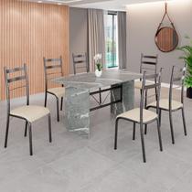 Conjunto Sala de Jantar Mesa Retangular 140x75cm Tampo Granito Topázio 6 Cadeiras Marselha Prata/Creme/Mart Conjunto Sala de Jantar Mesa Retangular 140x75cm Tampo Granito Topázio 6 Cadeiras Marselha Prata/Creme/Mart