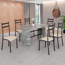 Conjunto Sala de Jantar Mesa Retangular 140x75cm Tampo Granito Topázio 6 Cadeiras Marselha Preto/Creme/Fosco