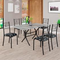 Conjunto Sala de Jantar Mesa Retangular 140x75cm Tampo Granito Topázio 6 Cadeiras Paraty Preto/Floral/Fosco