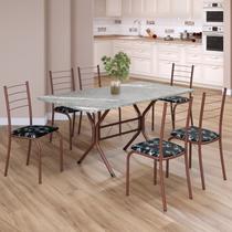 Conjunto Sala de Jantar Mesa Retangular 140x75cm Tampo Granito Topázio 6 Cadeiras Rio Marrom/Preto Floral