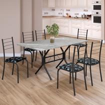 Conjunto Sala de Jantar Mesa Retangular 140x75cm Tampo Granito Topázio 6 Cadeiras Rio Preto/Floral/Fosco
