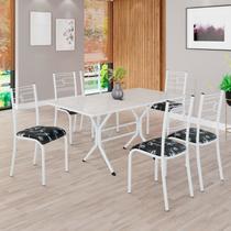 Conjunto Sala de Jantar Mesa Retangular 140x75cm Tampo Madeira MDP Off White 6 Cadeiras Paraty Branco/Preto Floral Conjunto Sala de Jantar Mesa Retangular 140x75cm Tampo Madeira MDP Off White 6 Cadeiras Paraty Branco/Preto Floral