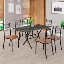 Conjunto Sala de Jantar Mesa Retangular 140x75cm Tampo Pedra Ardósia Indiana 6 Cadeiras Paraty Preto/C. Marrom/Fosco Conjunto Sala de Jantar Mesa Retangular 140x75cm Tampo Pedra Ardósia Indiana 6 Cadeiras Paraty Preto/C. Marrom/Fosco