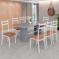 Conjunto Sala de Jantar Mesa Retangular 180x75cm Tampo Granito Ocre 8 Cadeiras Marselha C. Marrom / Branco