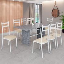 Conjunto Sala de Jantar Mesa Retangular 180x75cm Tampo Granito Ocre 8 Cadeiras Marselha Creme / Branco