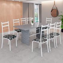 Conjunto Sala de Jantar Mesa Retangular 180x75cm Tampo Granito Ocre 8 Cadeiras Marselha Preto Floral / Branco