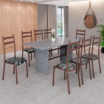 Conjunto Sala de Jantar Mesa Retangular 180x75cm Tampo Granito Ocre 8 Cadeiras Marselha Preto Floral / Marrom