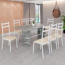 Conjunto Sala de Jantar Mesa Retangular 180x75cm Tampo Granito Topázio 8 Cadeiras Marselha Branco/Creme Conjunto Sala de Jantar Mesa Retangular 180x75cm Tampo Granito Topázio 8 Cadeiras Marselha Branco/Creme