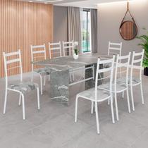 Conjunto Sala de Jantar Mesa Retangular 180x75cm Tampo Granito Topázio 8 Cadeiras Marselha Branco/Paraopeba Conjunto Sala de Jantar Mesa Retangular 180x75cm Tampo Granito Topázio 8 Cadeiras Marselha Branco/Paraopeba