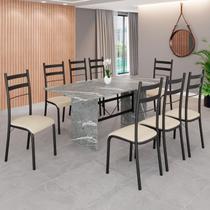 Conjunto Sala de Jantar Mesa Retangular 180x75cm Tampo Granito Topázio 8 Cadeiras Marselha Preto/Creme/Fosco